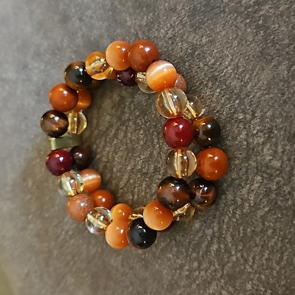 Vintage Earth Tone Glass Cat's Eye Beaded Two Strand Stretch Bracelet - Picture 2 of 6